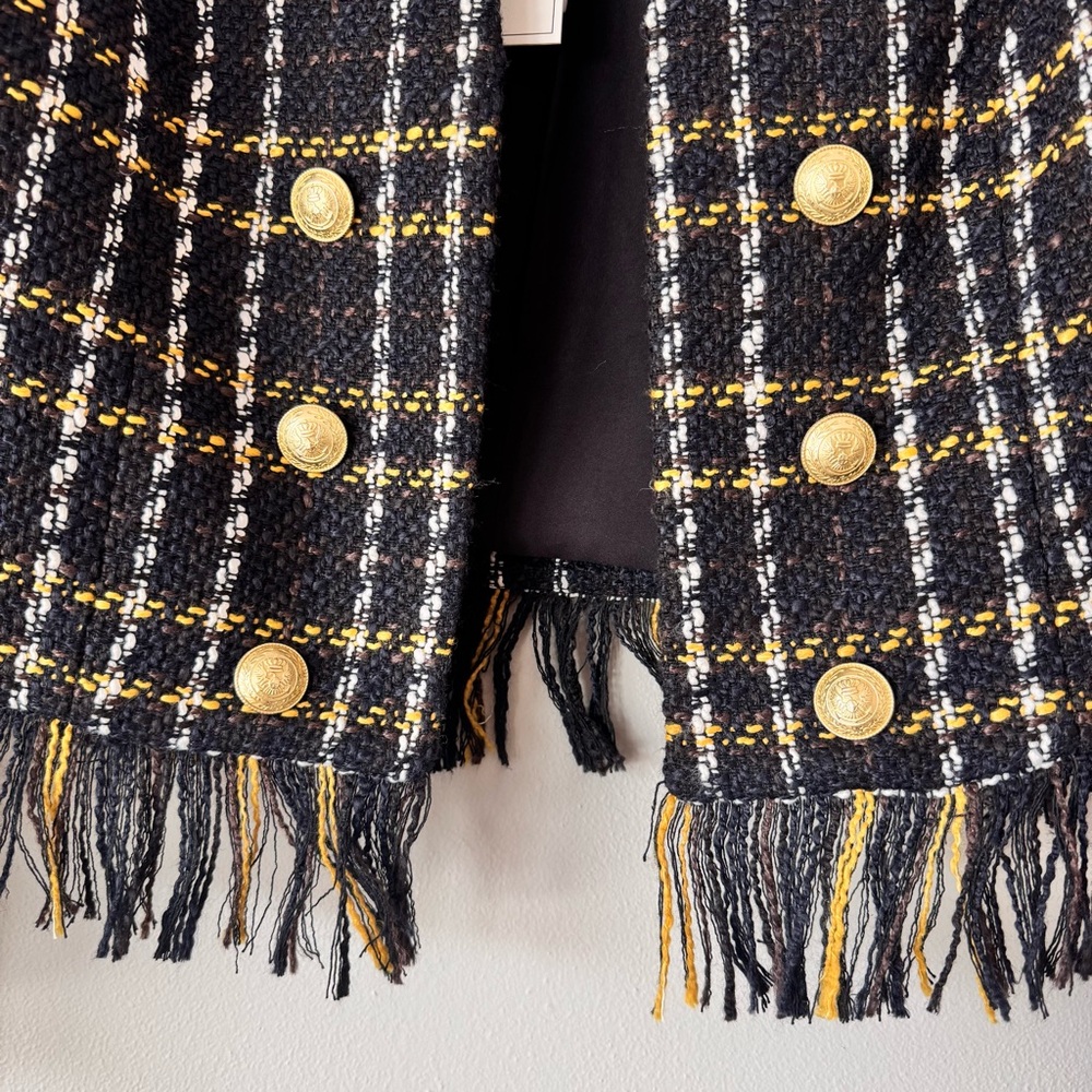 L’AGENCE Belmont Fringe Tweed Jacket Black Yellow Plaid Gold Buttons NWT Size 8 - Picture 6 of 16
